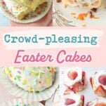 Easter egg cakes, strawberry mini cakes, vanilla cake slices stack, carrot cake cinnamon rolls, text overlay