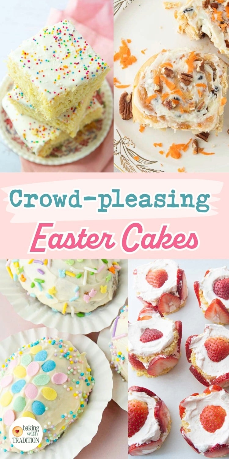 Easter egg cakes, strawberry mini cakes, vanilla cake slices stack, carrot cake cinnamon rolls, text overlay