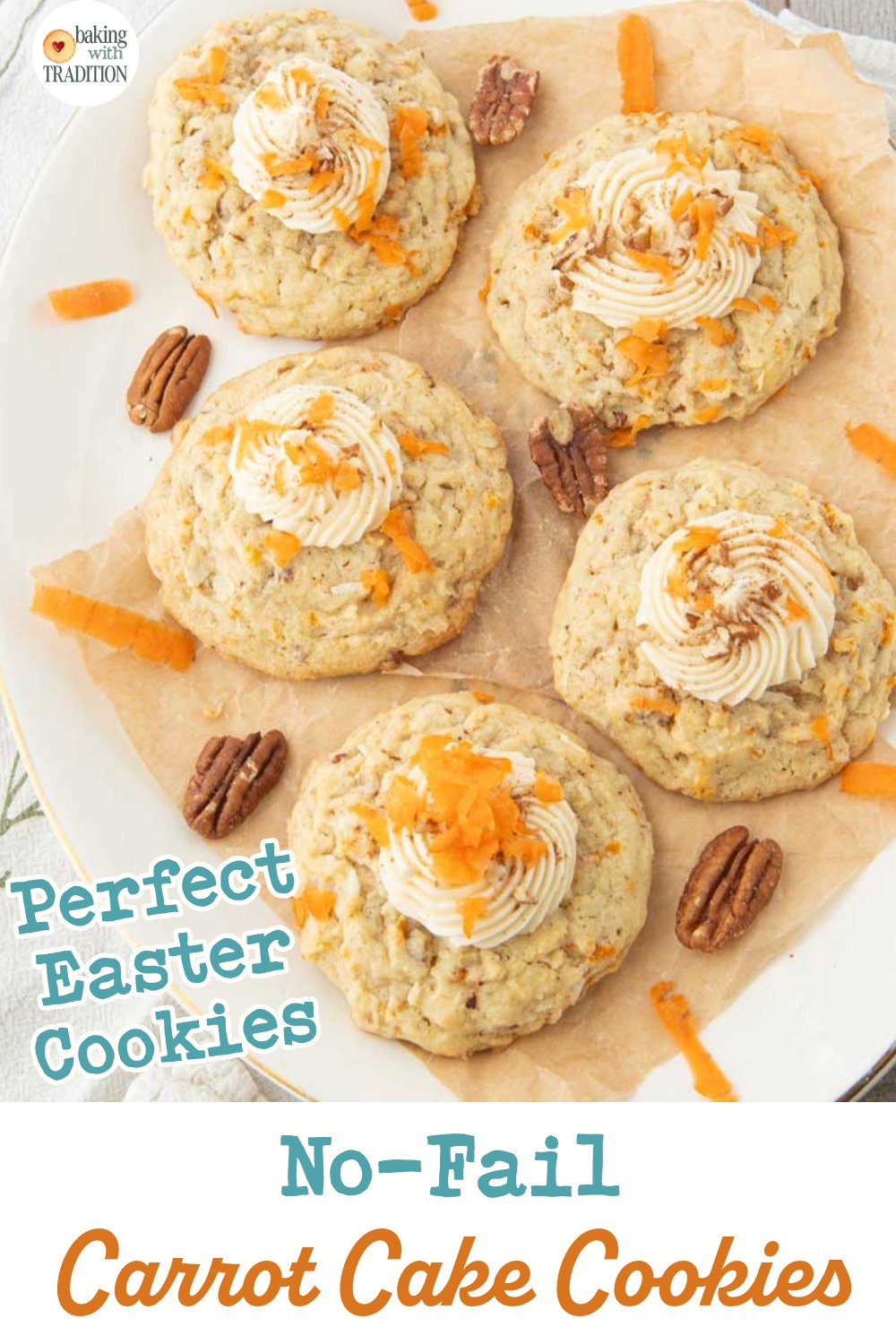 carrot cake cookies on plate, text overlay