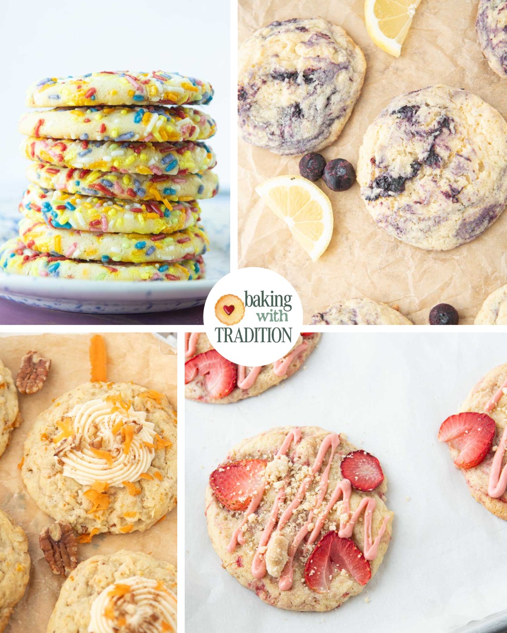 strawberry crumb cake cookies, carrot cake cookies, confetti sugar cookies, lemon blueberry cookies