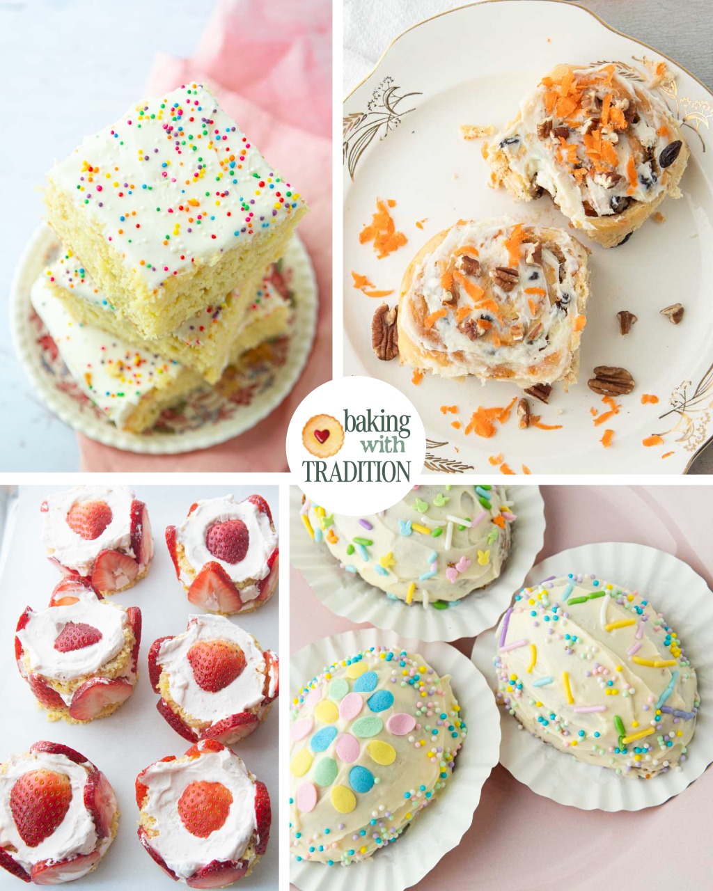 Easter egg cakes, strawberry mini cakes, vanilla cake slices stack, carrot cake cinnamon rolls