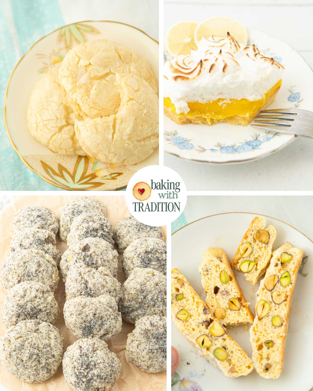 lemon crinkle cookies, lemon meringue bar, lemon pistachio biscotti, lemon poppy seed cookies
