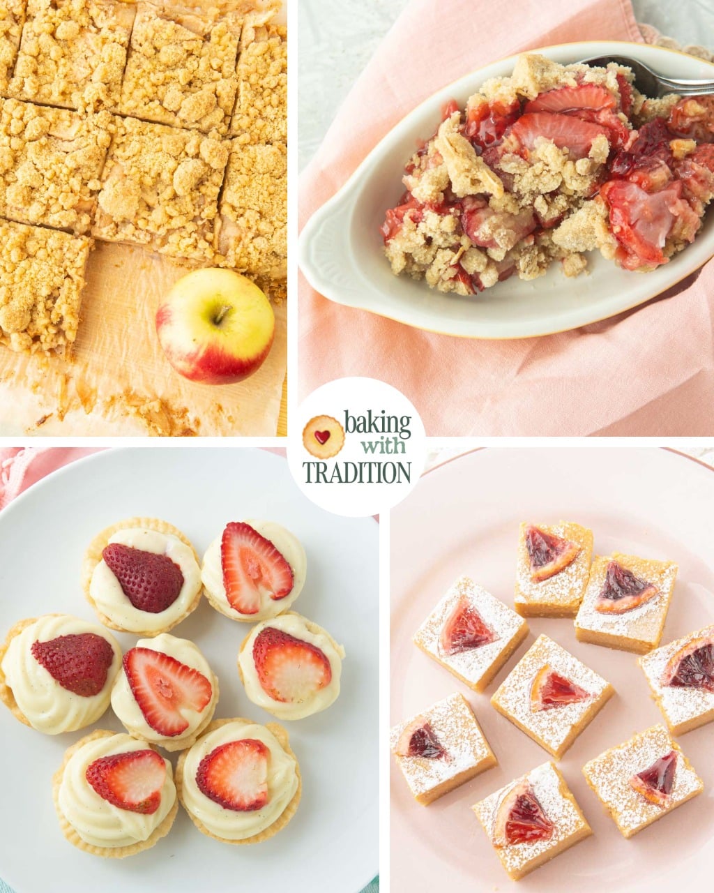orange bars, strawberry cream tarts, apple crumble bars, strawberry crisp