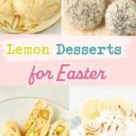 lemon crinkle cookies, lemon meringue bar, lemon pistachio biscotti, lemon poppy seed cookies, text overlay