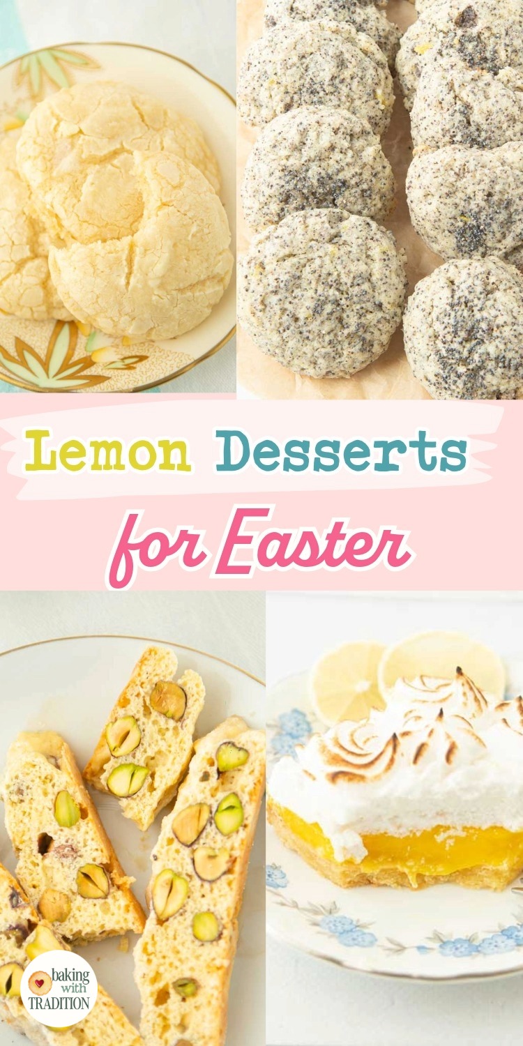 lemon crinkle cookies, lemon meringue bar, lemon pistachio biscotti, lemon poppy seed cookies, text overlay