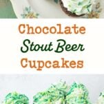 guinness chocolate cupcakes on plate and on cake stand, text overlay