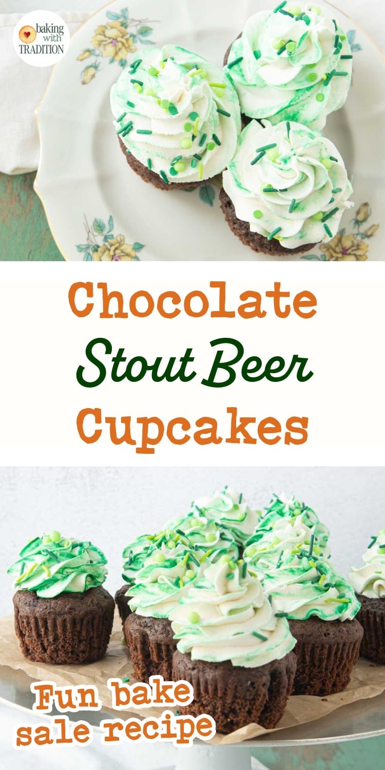 guinness chocolate cupcakes on plate and on cake stand, text overlay
