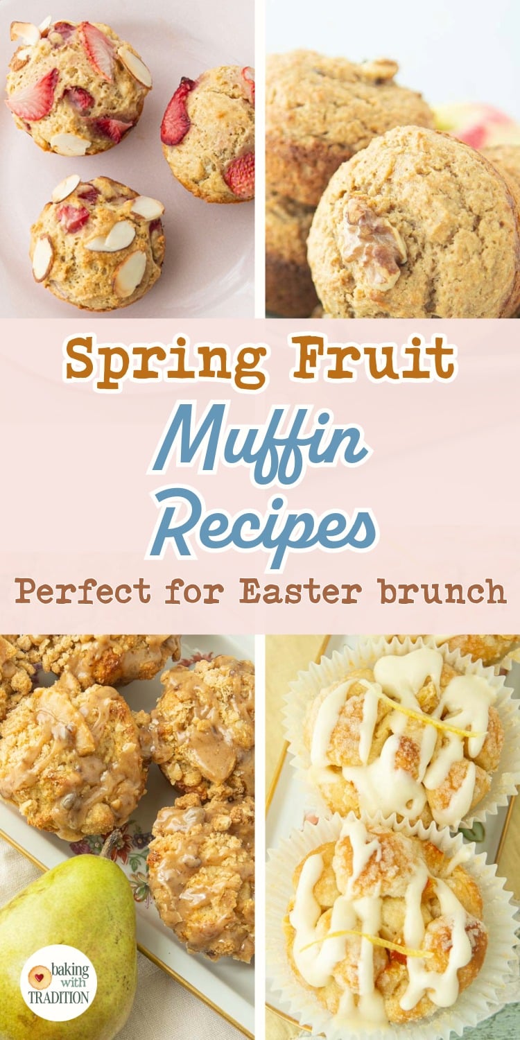 pear muffins, lemon monkey bread muffins, strawberry muffins, apple butter muffins, text overlay