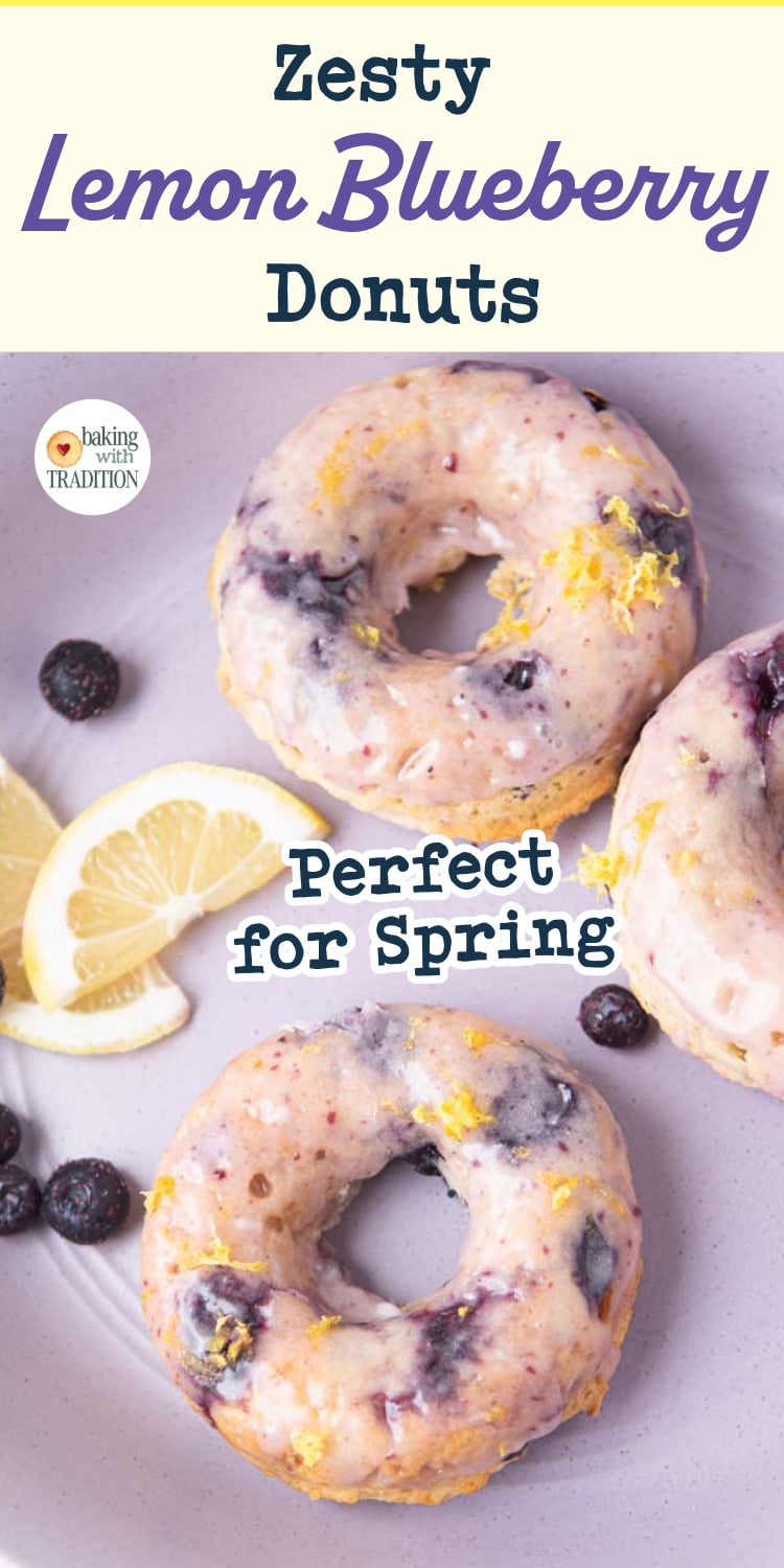 bowl of lemon blueberry donuts, text overlay