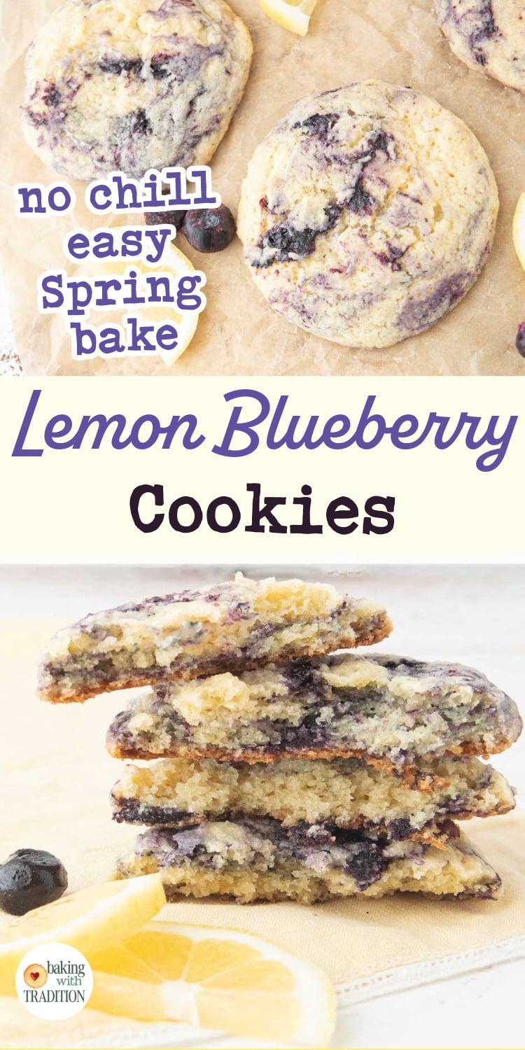 cross-section stack of lemon blueberry cookies next to lemon slices and blueberries, text overlay