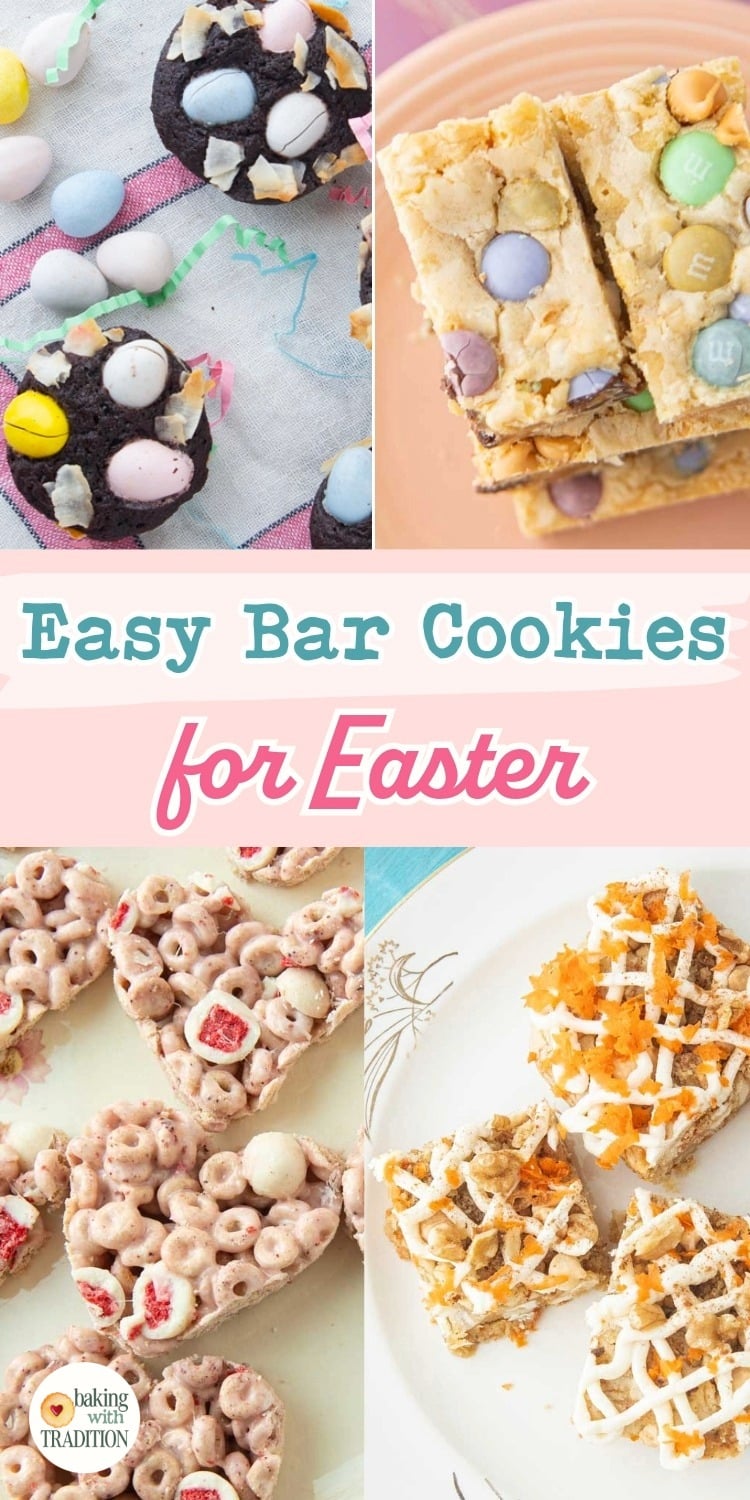 strawberry cereal treats, Easter blondies, carrot cake blondies, Easter brownies, text overlay