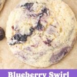 closeup of lemon blueberry swirl cookie, text overlay