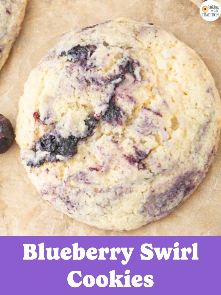 closeup of lemon blueberry swirl cookie, text overlay