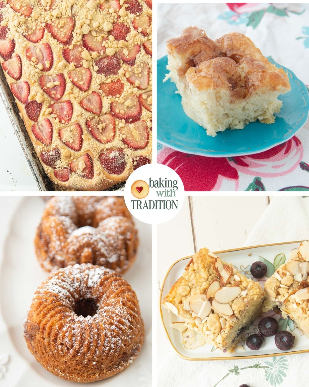 strawberry crumb cake, moravian sugar cake, banana bread bundt cakes, lemon blueberry cake