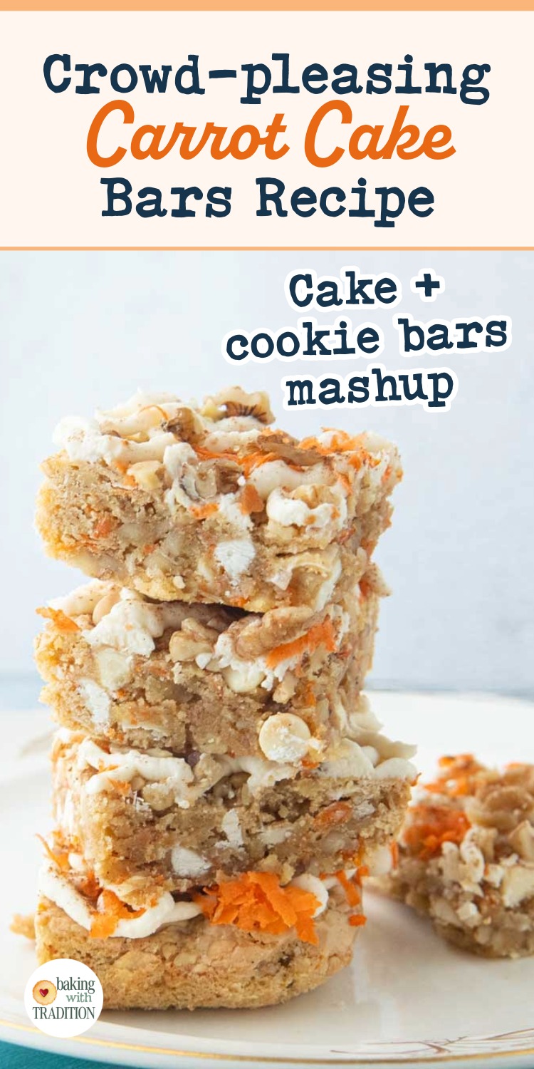 stack of carrot cake blondies, text overlay