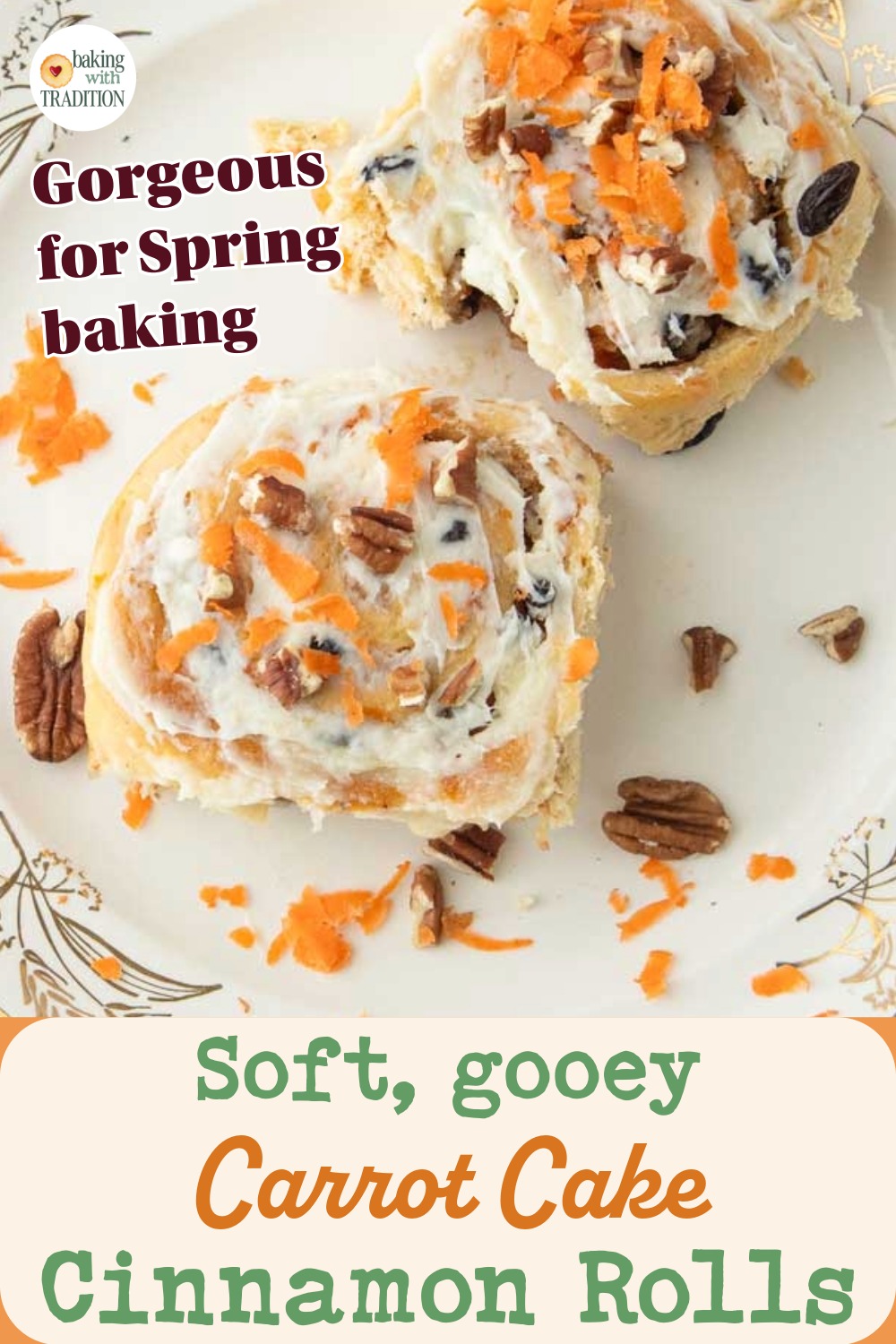 carrot cake cinnamon rolls on plate, text overlay