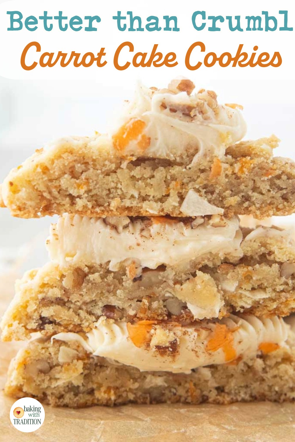 cross-section stack of carrot cake cookies , text overlay