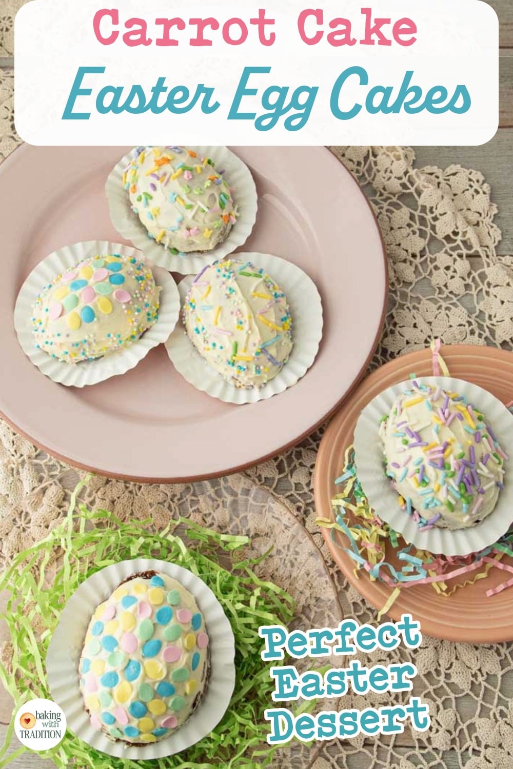 decorated mini Easter egg cakes on plates, text overlay