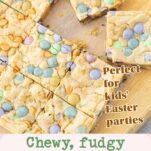 Easter blondies on cutting board, text overlay