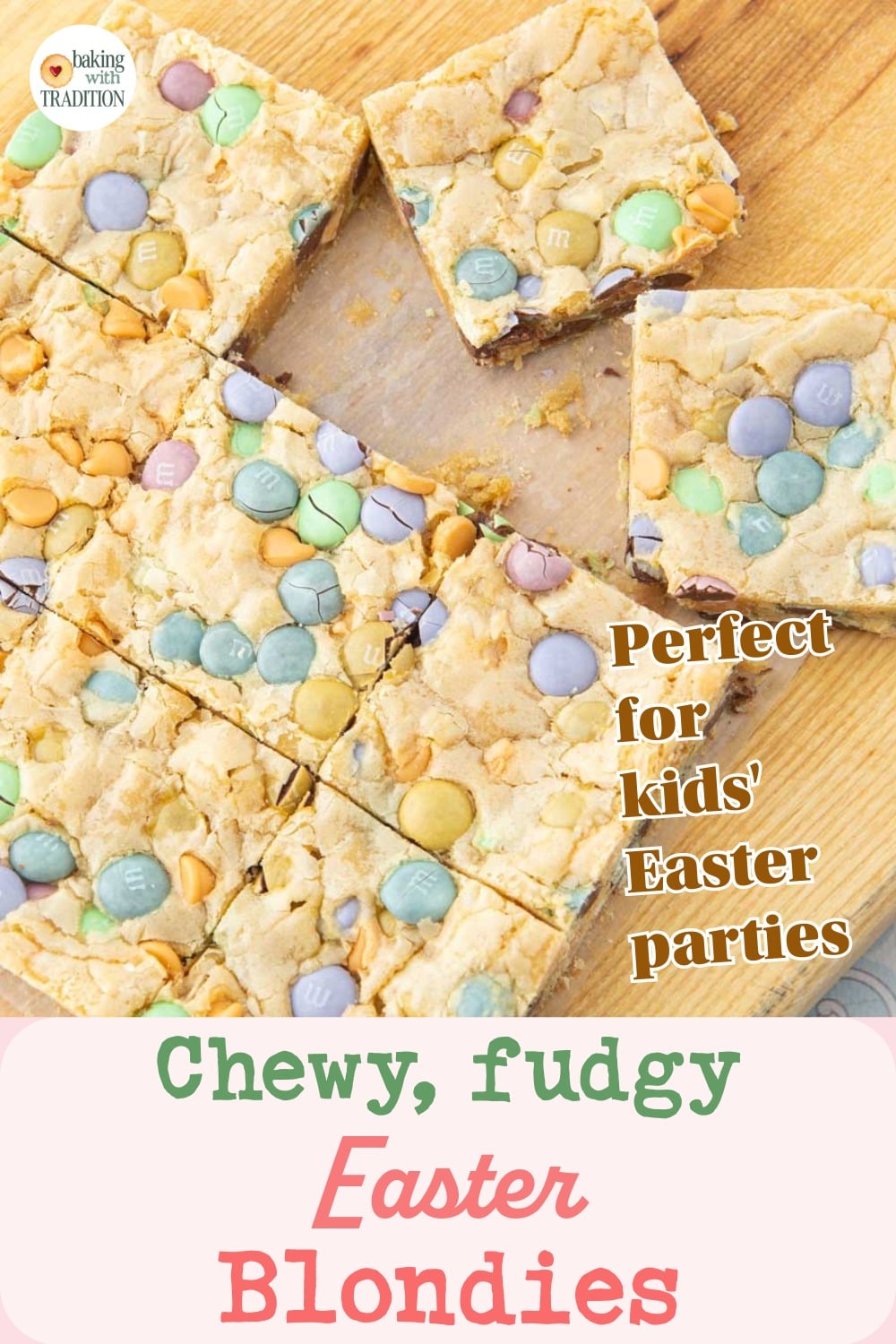 Easter blondies on cutting board, text overlay

