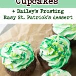 top down shot of chocolate guinness cupcakes, text overlay