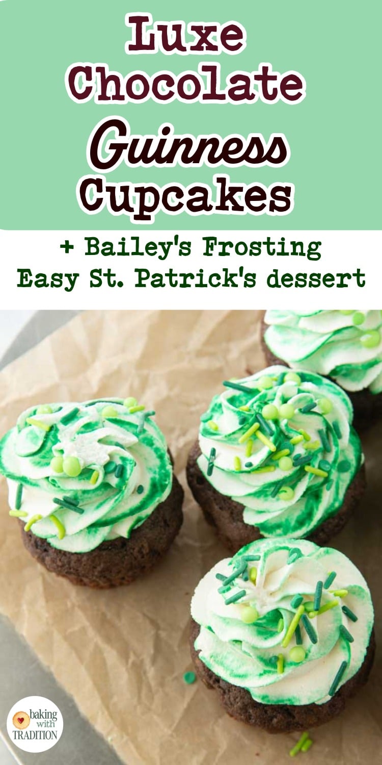 top down shot of chocolate guinness cupcakes, text overlay