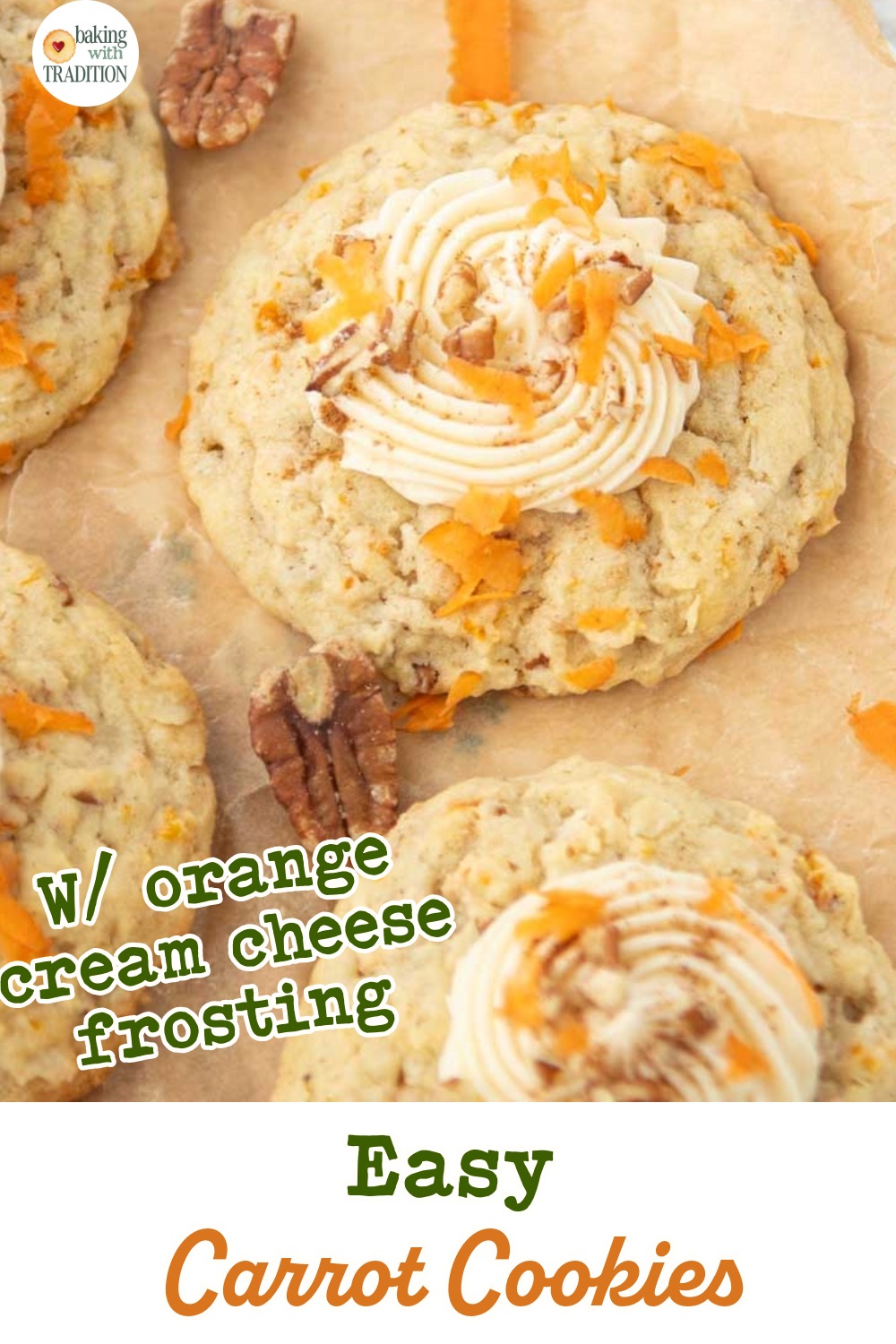 closeup of carrot cake cookies on plate, text overlay
