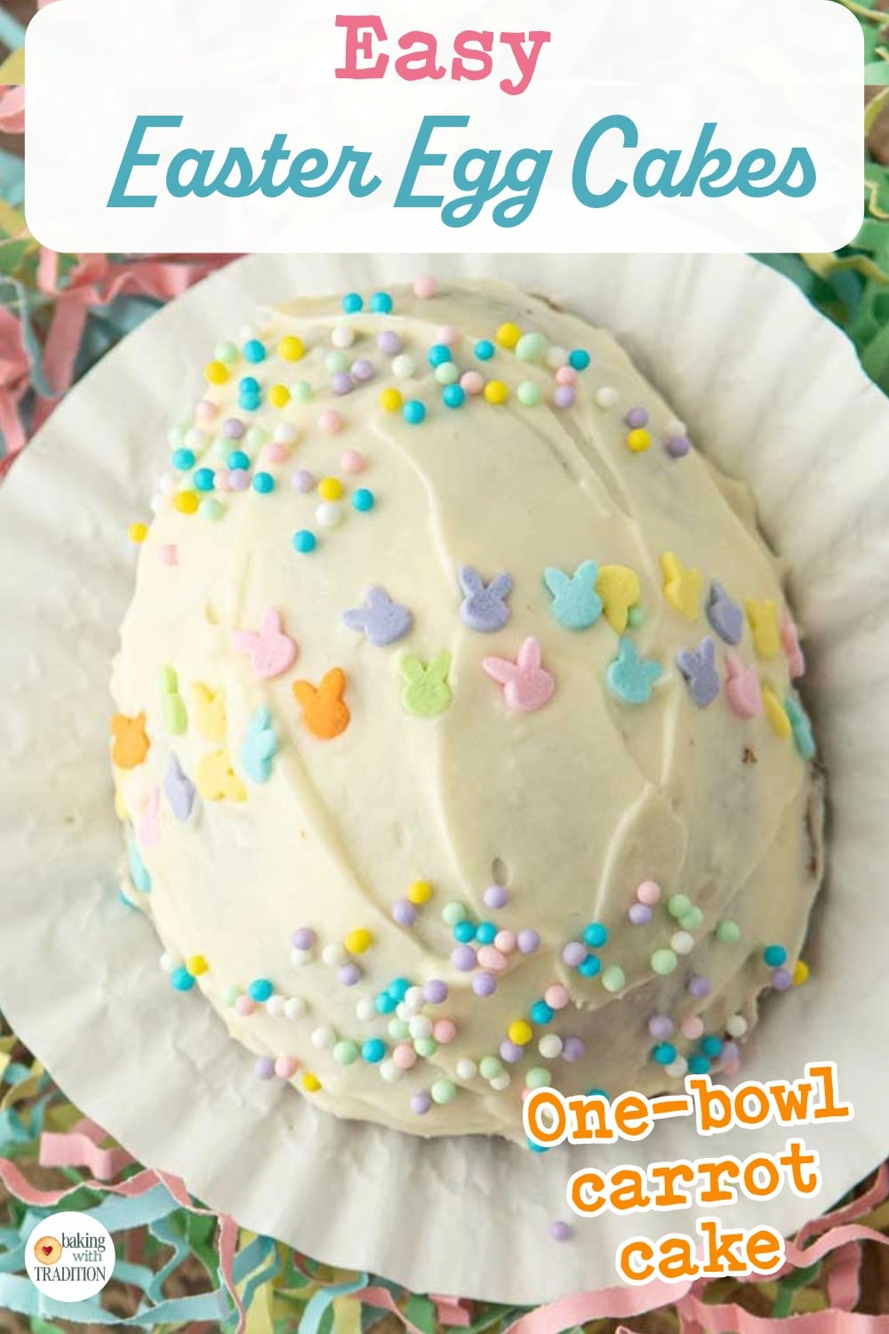 mini Easter egg cake on plate surrounded by colored paper grass, text overlay