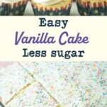 vanilla sheet cake cupcakes and squares of cut vanilla sheet cake, text overlay