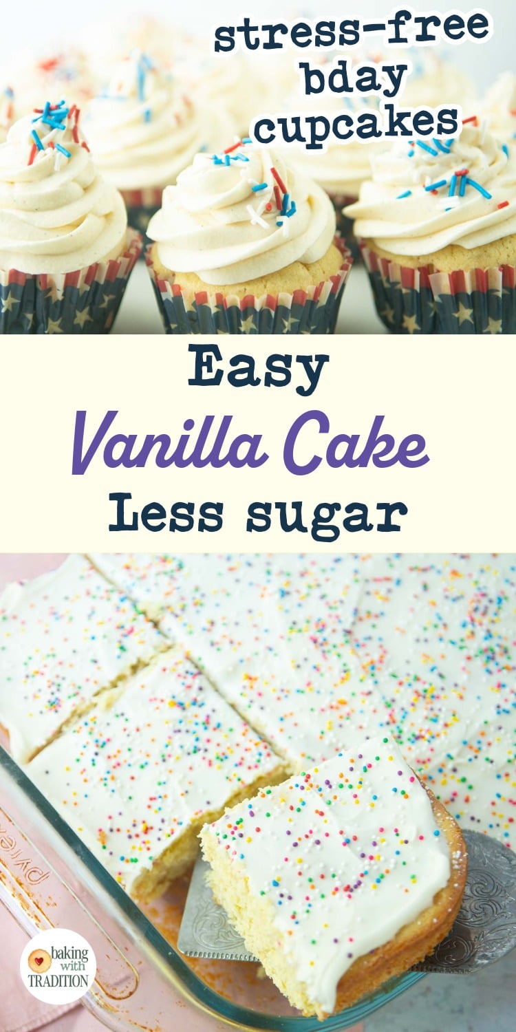 vanilla sheet cake cupcakes and squares of cut vanilla sheet cake, text overlay