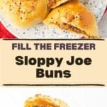 sloppy joe buns on plate, one cut open to reveal sloppy joe filling, stack of sloppy joe buns cut open on plate, revealing filling, text overlay