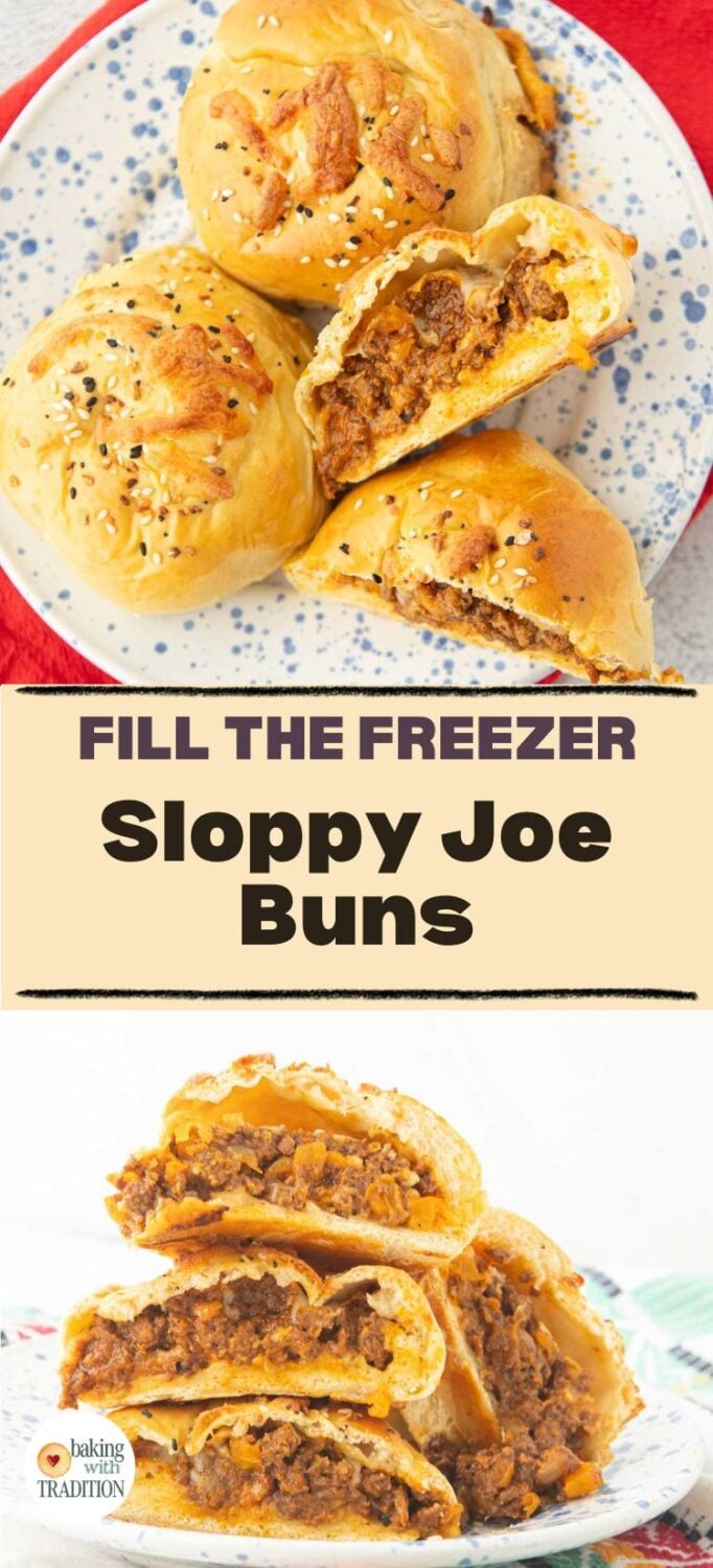 sloppy joe buns on plate, one cut open to reveal sloppy joe filling, stack of sloppy joe buns cut open on plate, revealing filling, text overlay