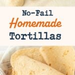 balls of tortilla dough, stack of flexible homemade tortillas, text overlay