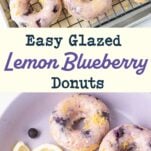 glazed blueberry lemon donuts on rack, bowl of lemon blueberry donuts, text overlay