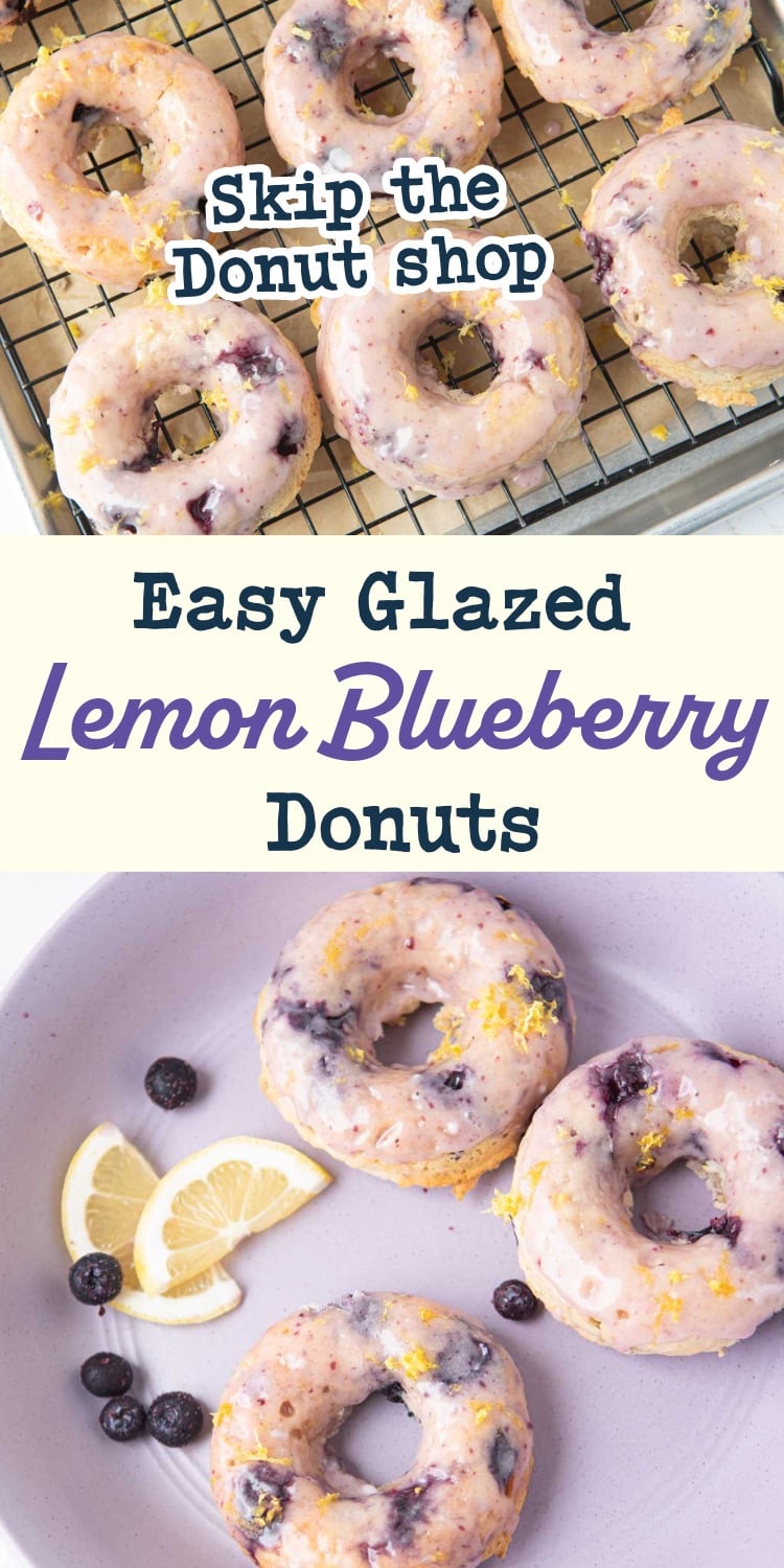 glazed blueberry lemon donuts on rack, bowl of lemon blueberry donuts, text overlay

