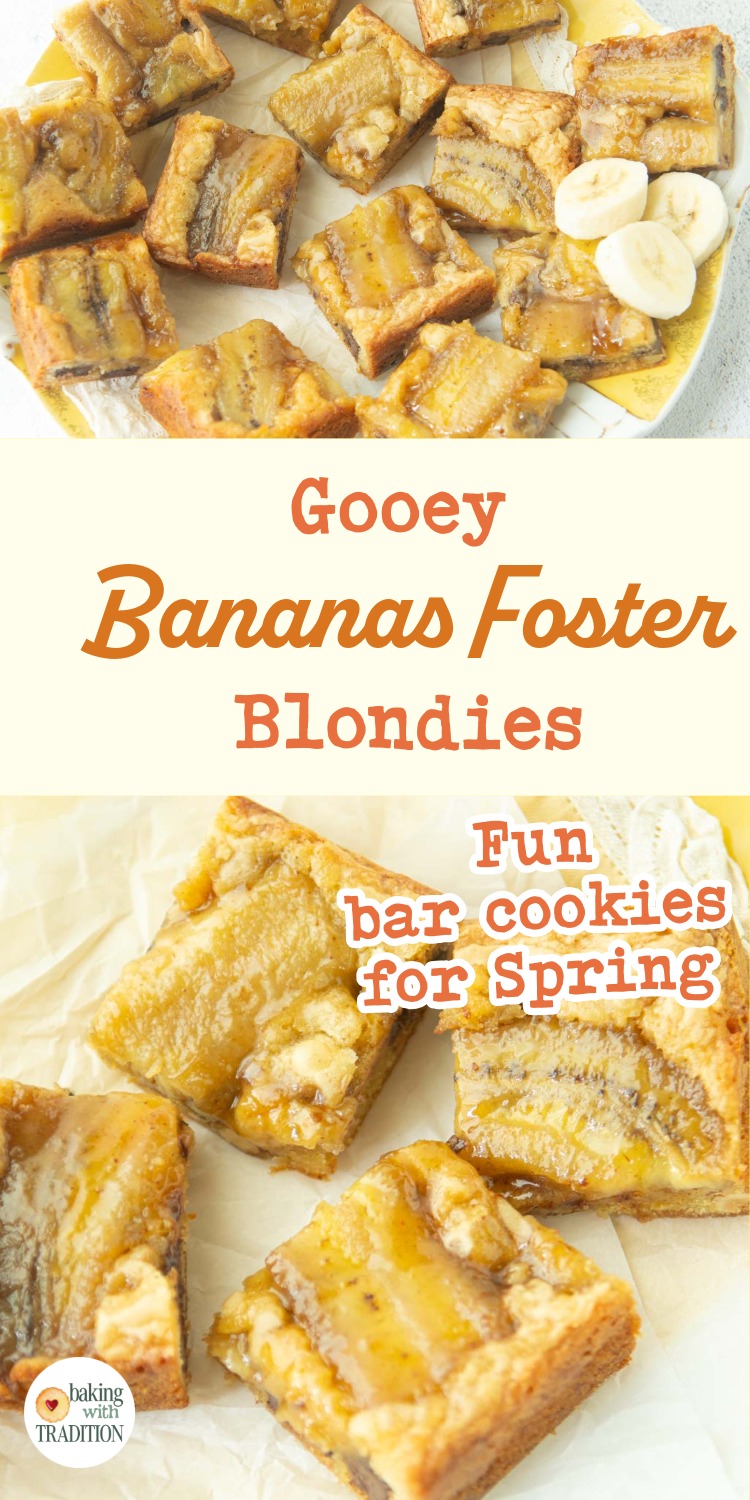 plate of bananas foster blondies, closeup of blondies, text overlay