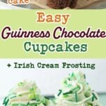 guinness chocolate cupcakes closeup, guinness chocolate cakes on cake turntable, text overlay