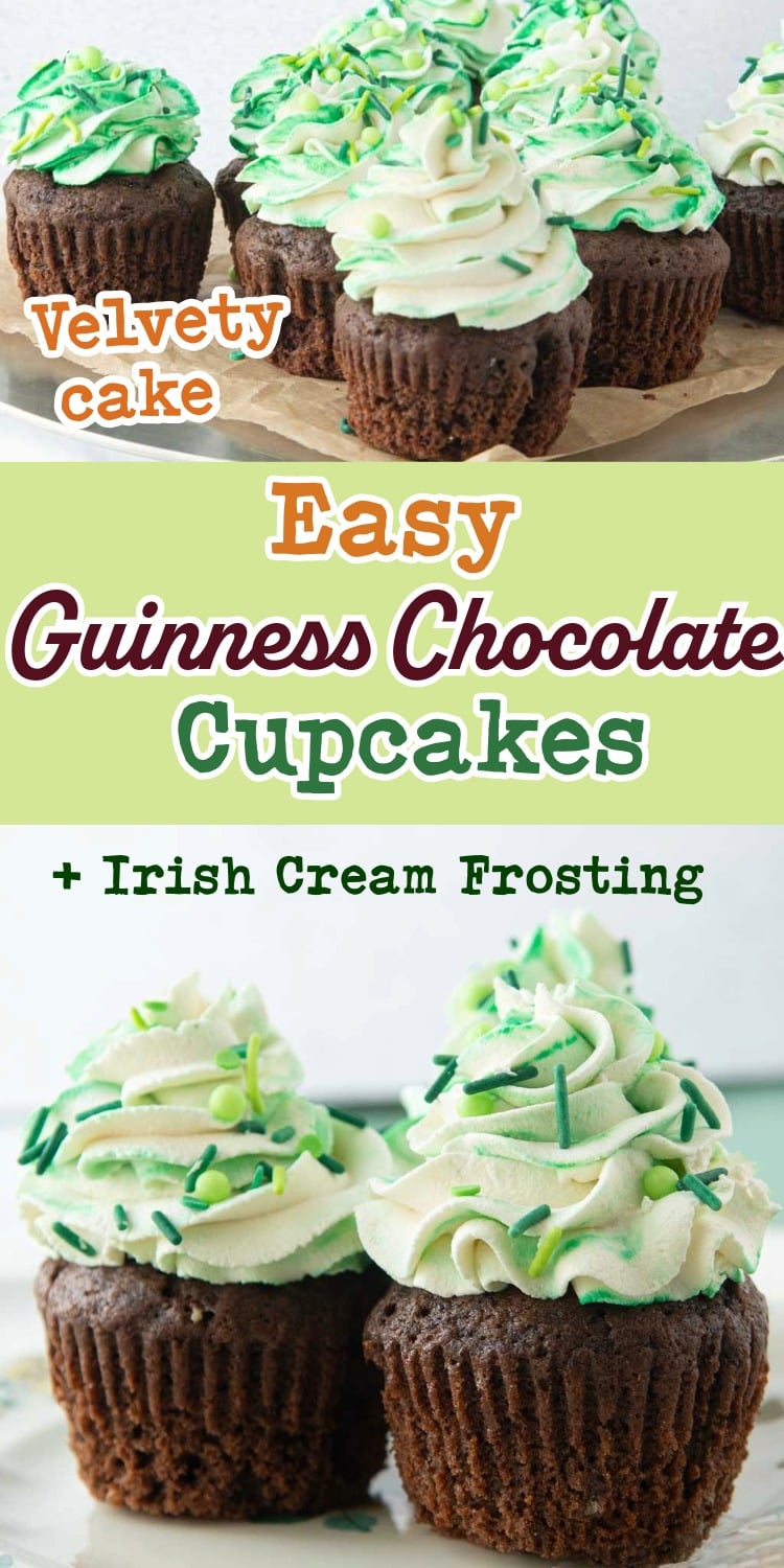 guinness chocolate cupcakes closeup, guinness chocolate cakes on cake turntable, text overlay