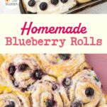 pan of blueberry rolls frosted with lemon cream cheese frosting, closeup of lightly frosted lemon blueberry rolls, text overlay