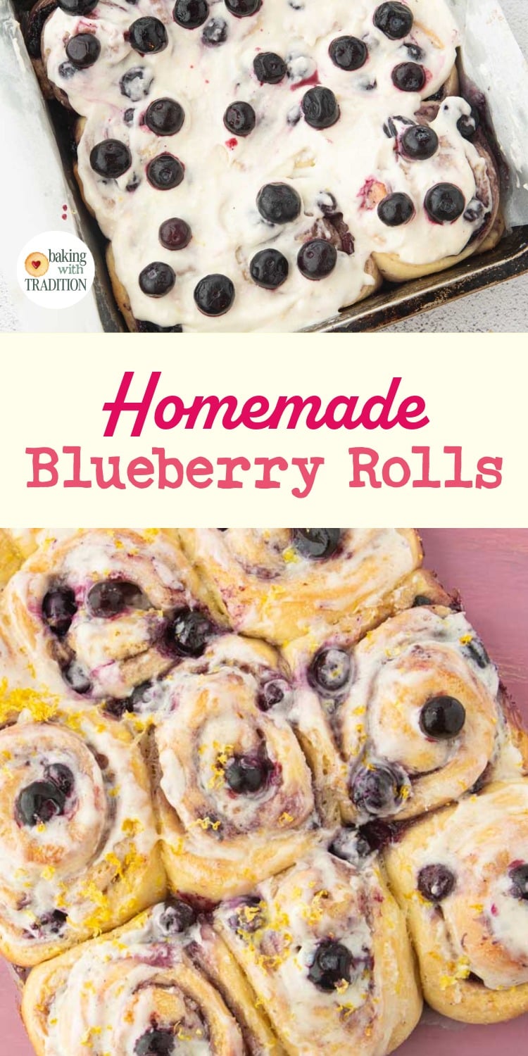 pan of blueberry rolls frosted with lemon cream cheese frosting, closeup of lightly frosted lemon blueberry rolls, text overlay