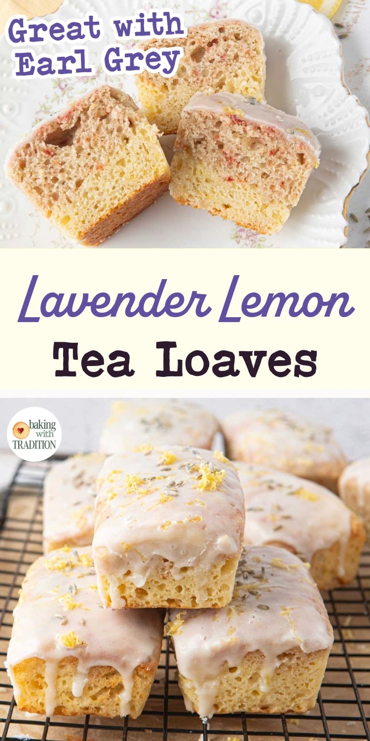 slices of lavender lemon bread on plate with slices of lemon and whole dried lavender buds, stack of mini lemon lavender loaves, text overlay