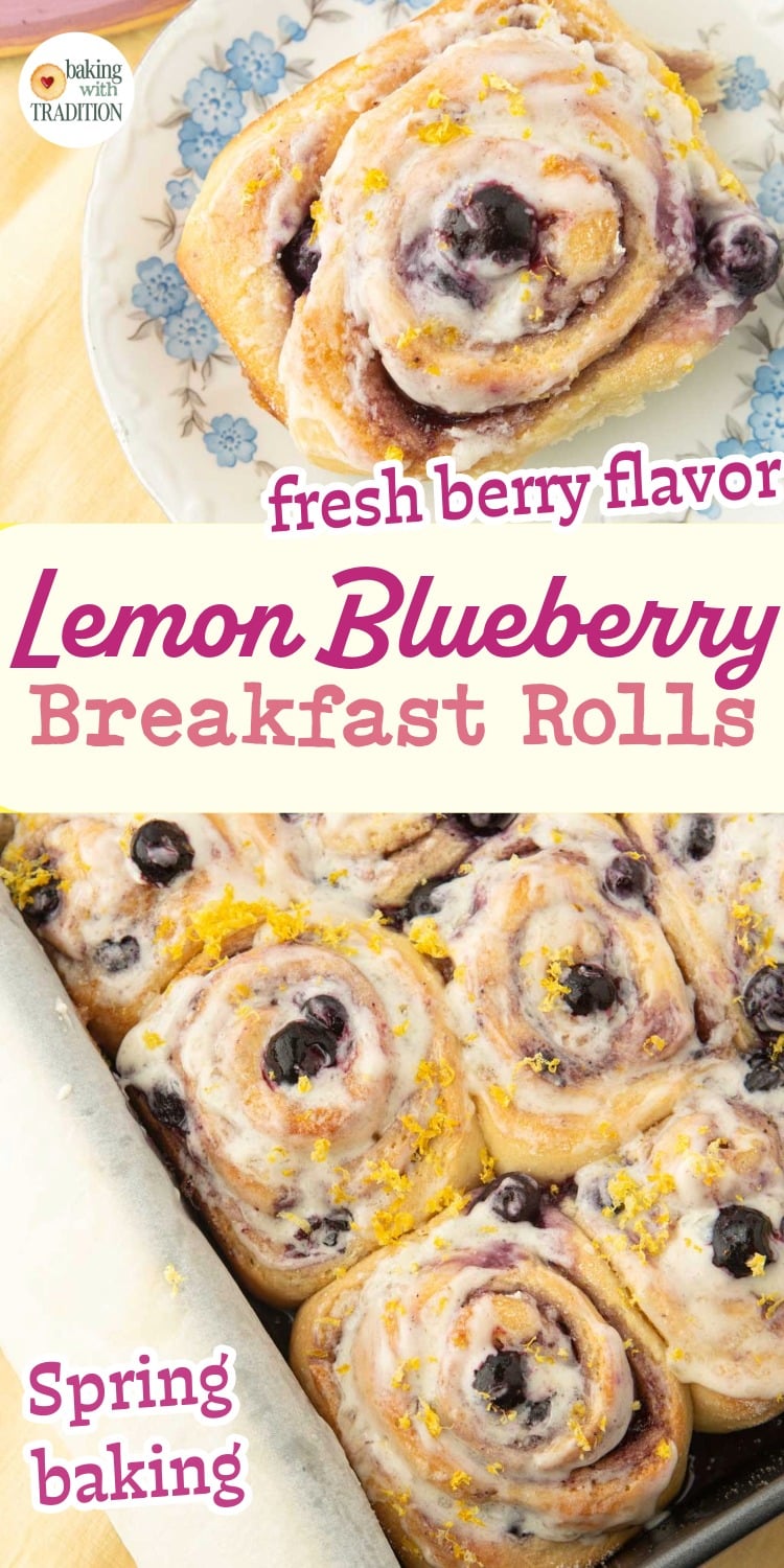 pan of lemon blueberry rolls, closeup of lemon blueberry roll on plate, text overlay
