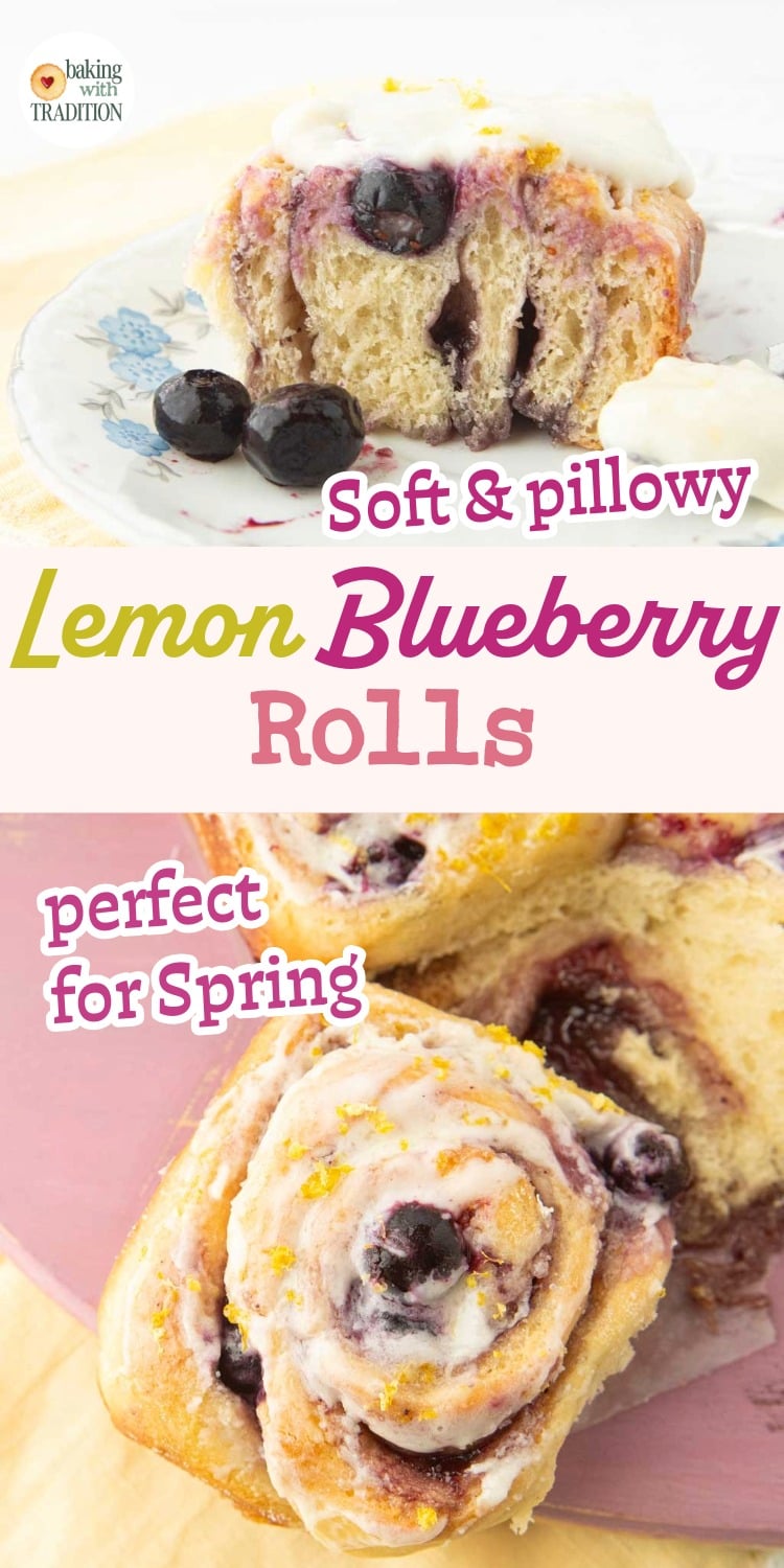 cross section of lemon blueberry roll, closeup of lemon blueberry rolls, text overlay