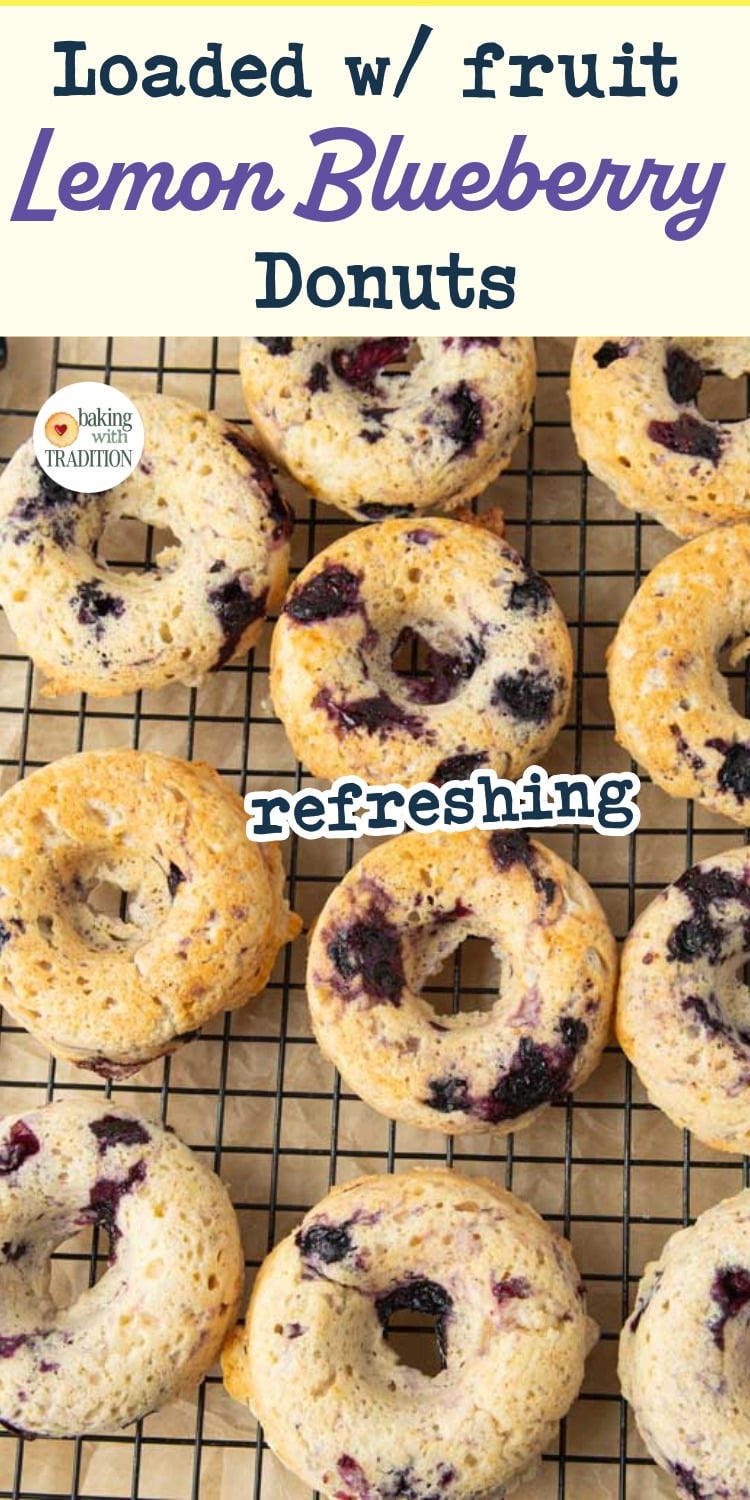 blueberry lemon donuts before glazing, text overlay