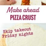 adding mozzarella to top of pizza, overnight pizza dough stretched into a crust, text overlay