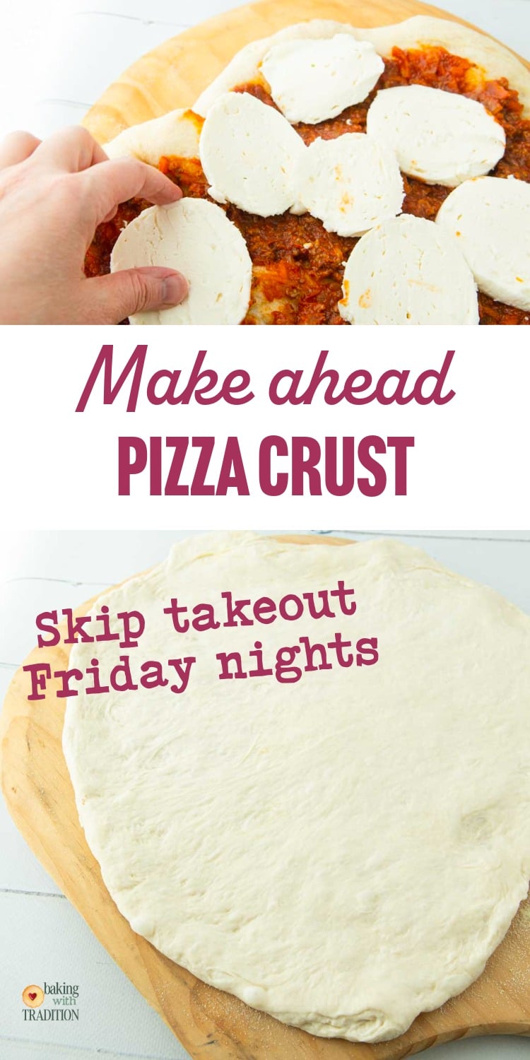 adding mozzarella to top of pizza, overnight pizza dough stretched into a crust, text overlay