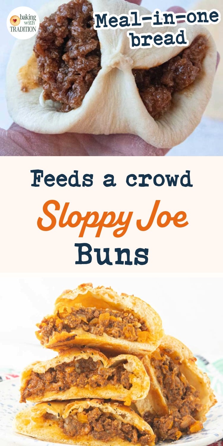 folding dough over sloppy joe filling, stack of sloppy joe buns cut to reveal the filling, text overlay