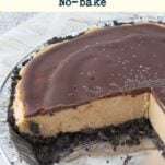 peanut butter pie showing piece missing and oreo crust, text overlay