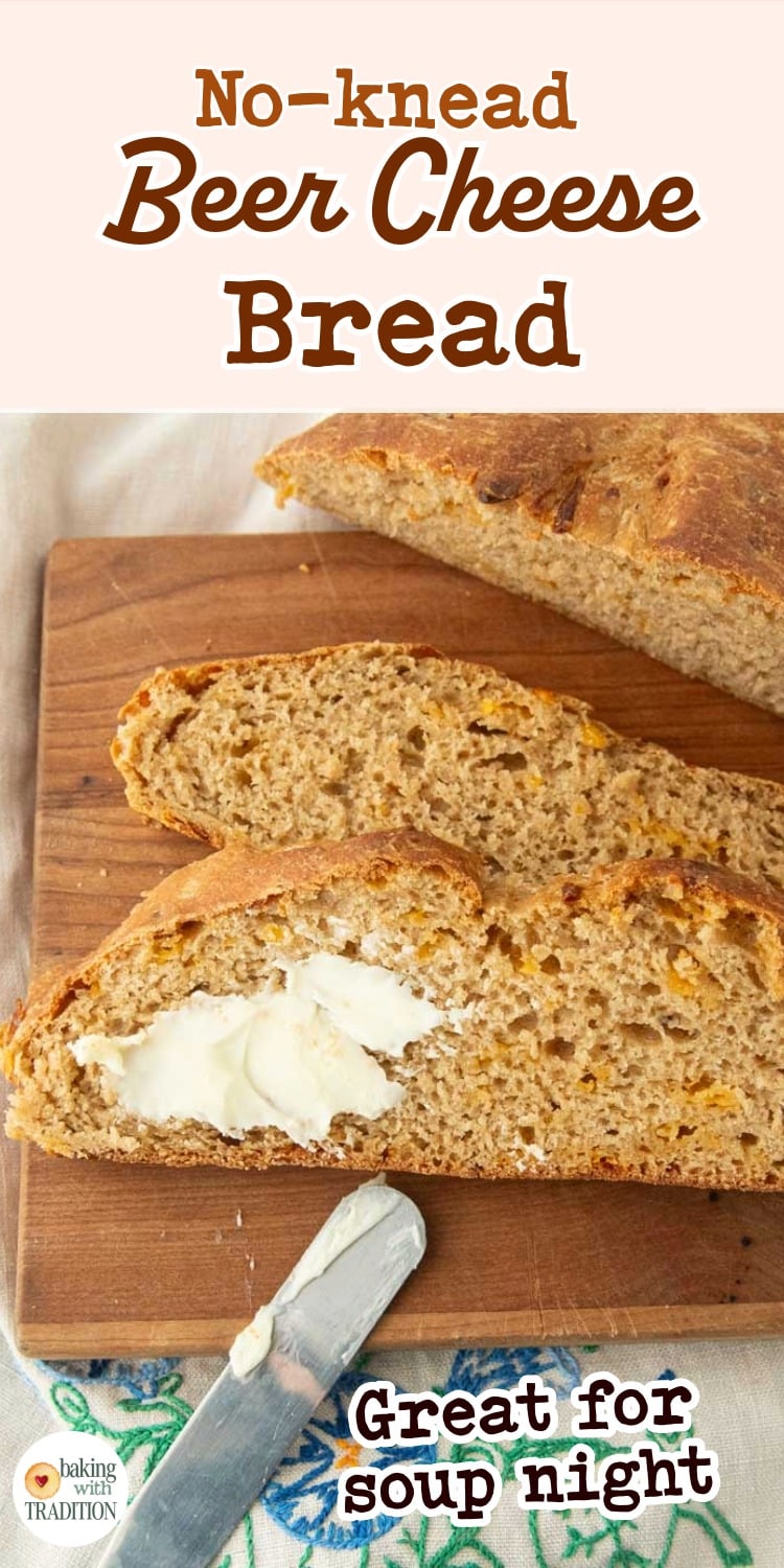 slices of beer cheese bread, one with butter slathered on it, text overlay, text overlay