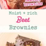 beet brownie on plate, beet brownie ingredients in blender, text overlay